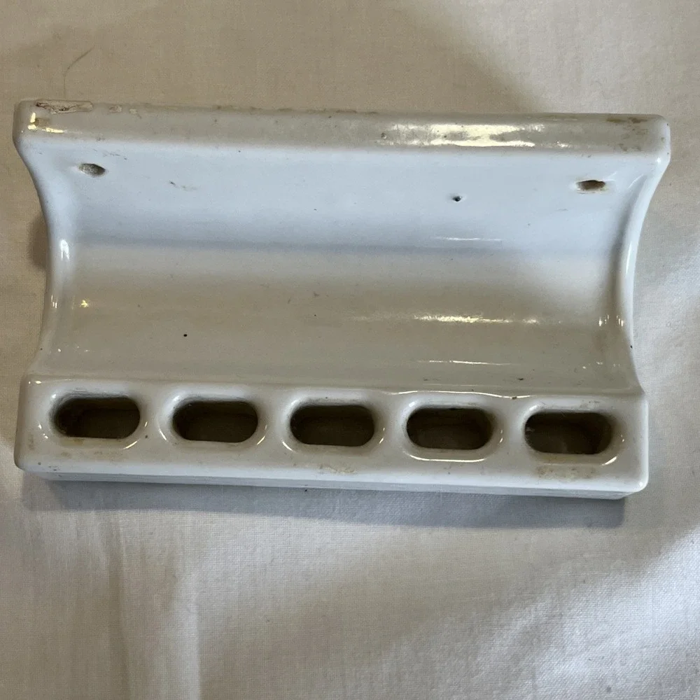 Antique Wall Mount White Porcelain Toothbrush Holder, 5 Slots